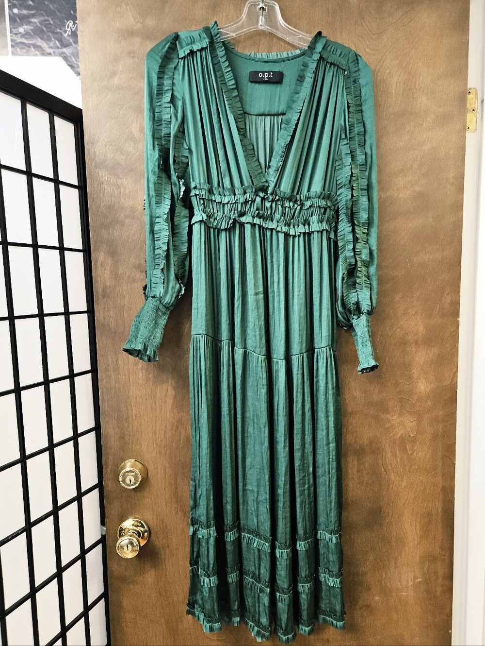 O.P.T. Urban Outfitters Green Silk Look Ruffle Maxi Dress Sz M
